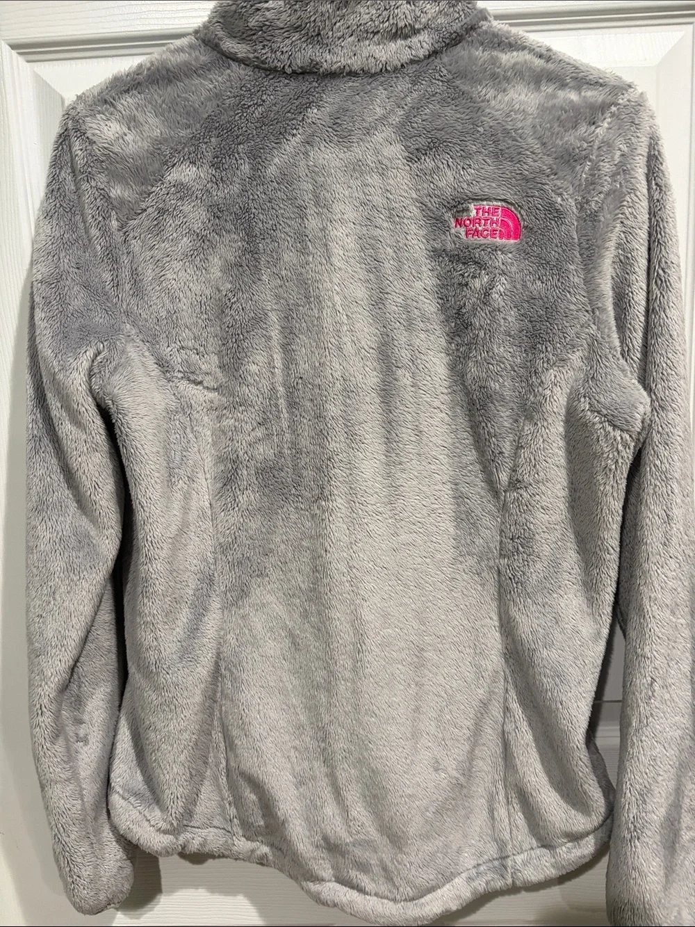 The North Face Light Gray Fuzzy Full-Zip Jacket with Pink Accents size medium